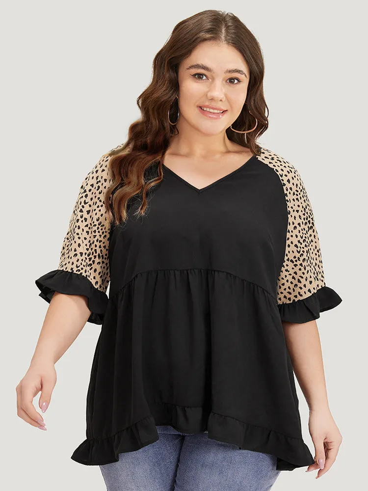 Leopard Print Raglan Sleeve Gathered Ruffle Trim Blouse sold by Bloomchic