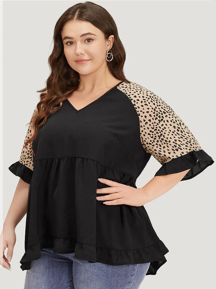 Leopard Print Raglan Sleeve Gathered Ruffle Trim Blouse sold by Bloomchic product image thumbnail 2