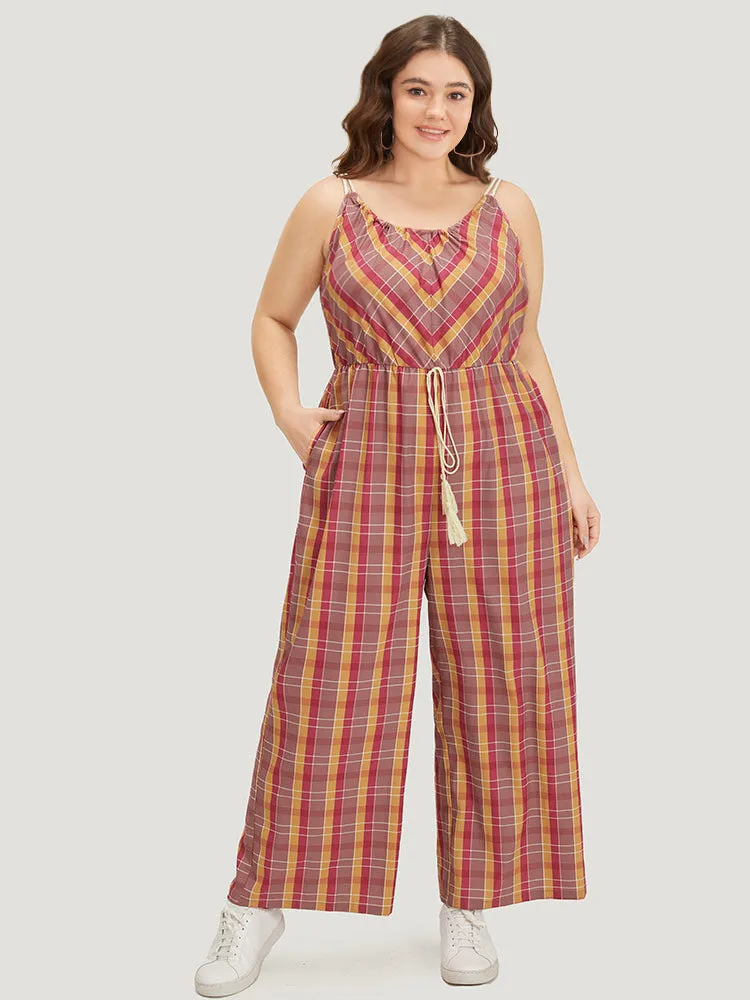 Plaid Print Tassels Knotted Pocket Cami Jumpsuit sold by Bloomchic