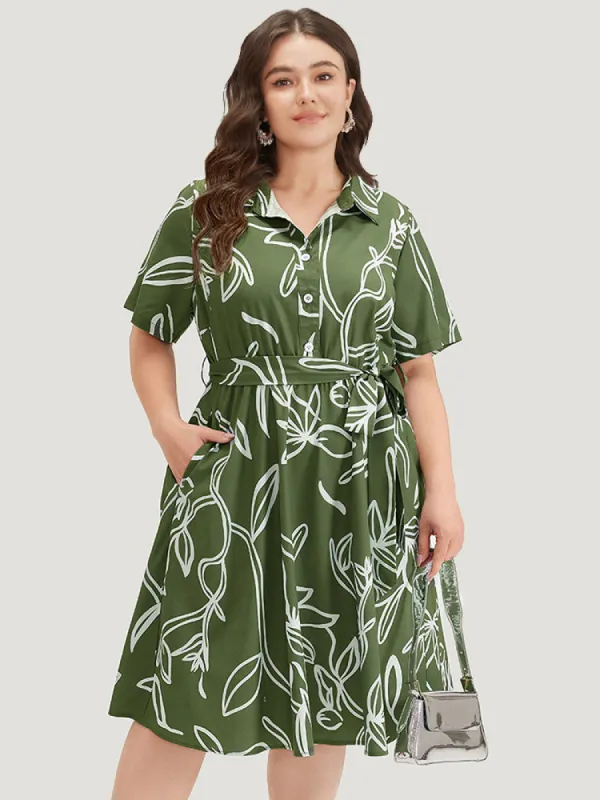 Graphic Print Belted Shirt Collar Button Up Dress sold by Bloomchic