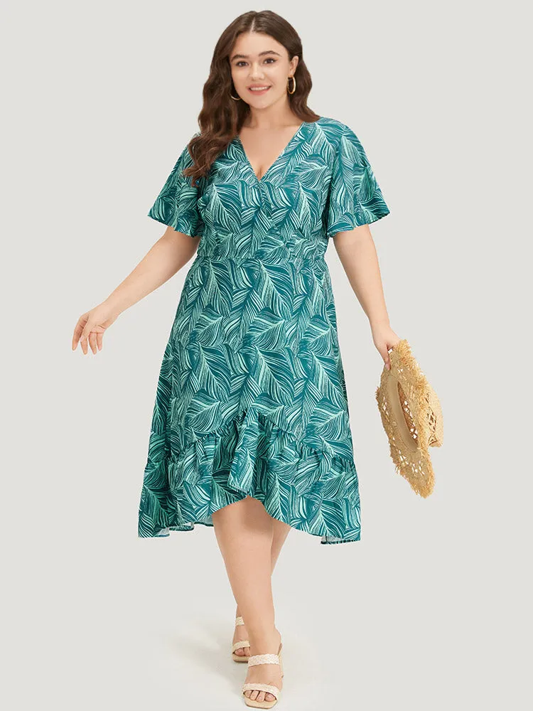 Plant Print Ruffles Pocket Asymmetrical Hem Wrap Dress sold by Bloomchic product image thumbnail 4