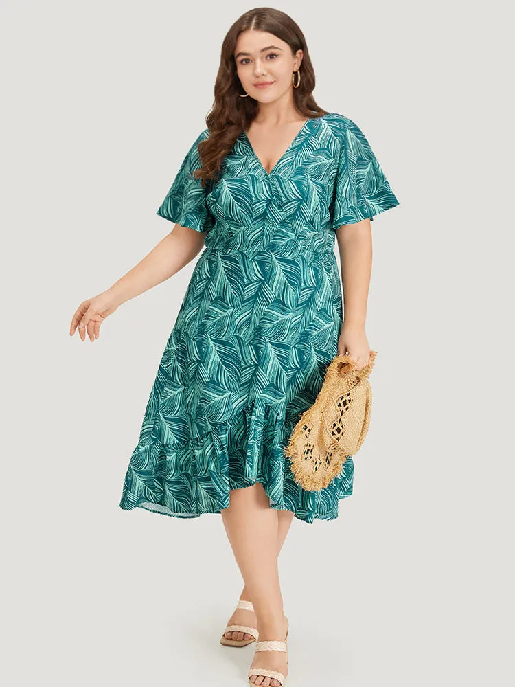 Plant Print Ruffles Pocket Asymmetrical Hem Wrap Dress sold by Bloomchic