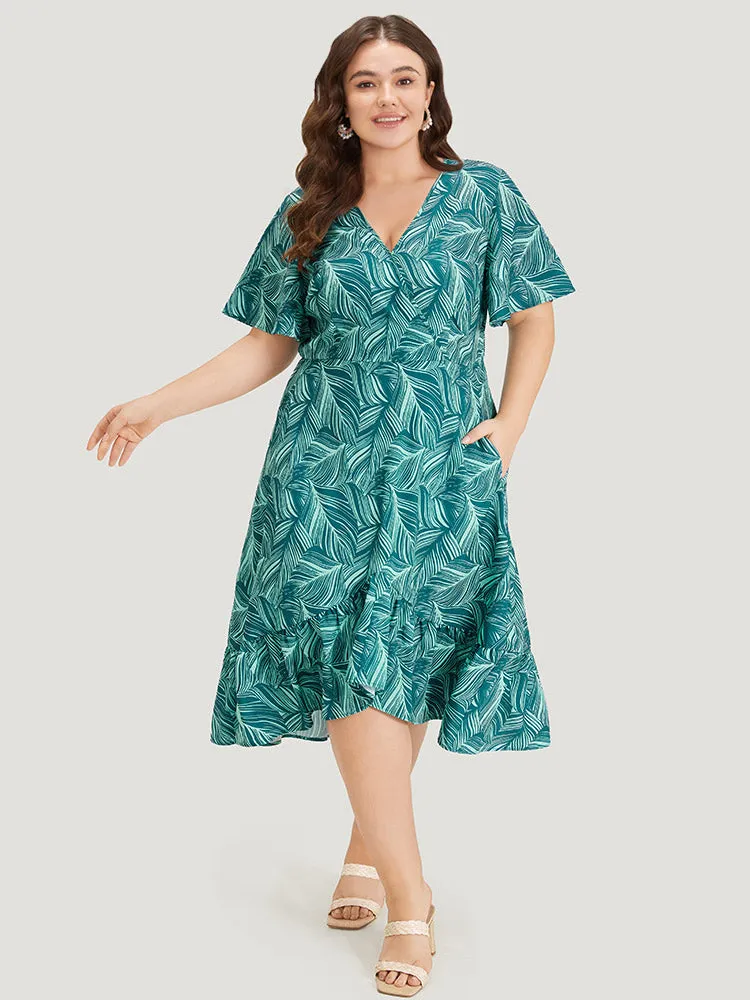 Plant Print Ruffles Pocket Asymmetrical Hem Wrap Dress sold by Bloomchic product image thumbnail 5