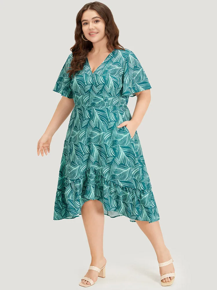 Plant Print Ruffles Pocket Asymmetrical Hem Wrap Dress sold by Bloomchic product image thumbnail 3