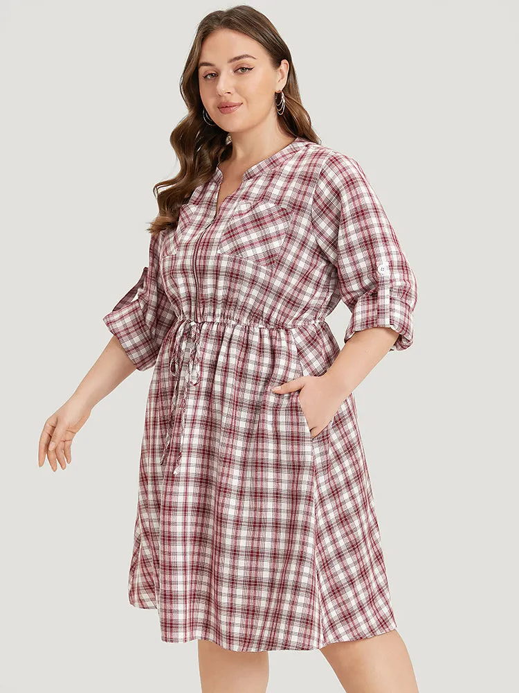 Plaid Drawstring Zipper Notched Tab Sleeve Dress sold by Bloomchic product image thumbnail 3