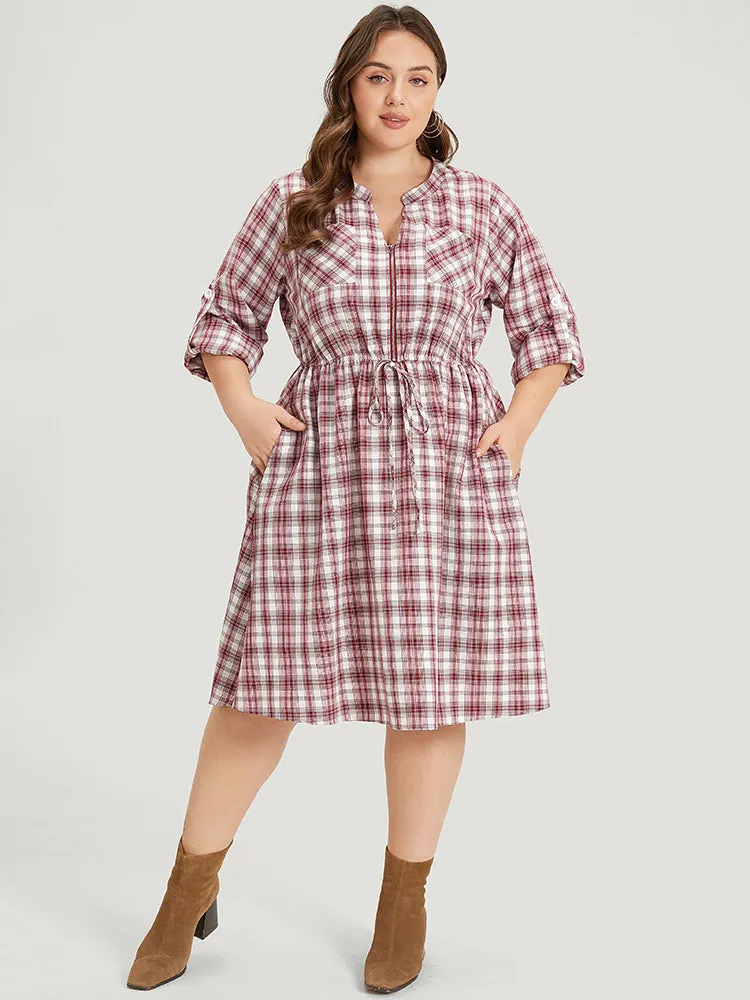 Plaid Drawstring Zipper Notched Tab Sleeve Dress sold by Bloomchic product image thumbnail 4