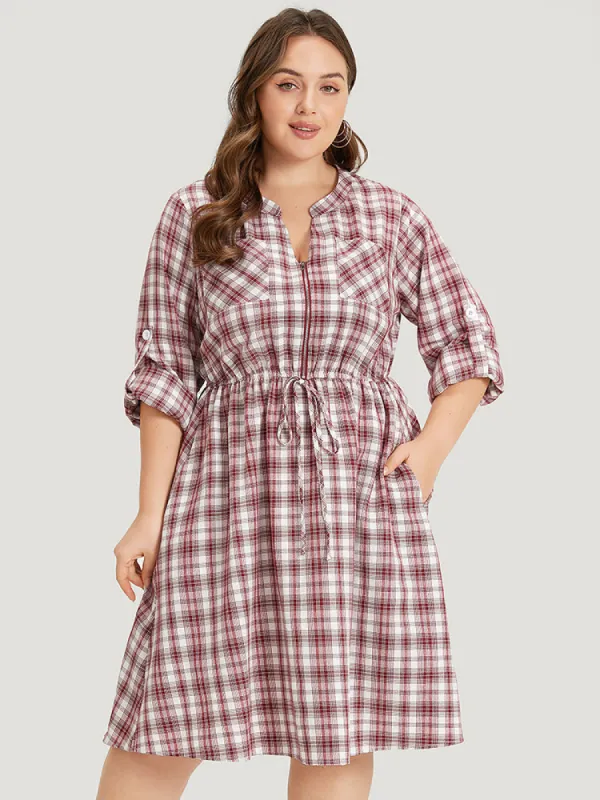 Plaid Drawstring Zipper Notched Tab Sleeve Dress sold by Bloomchic