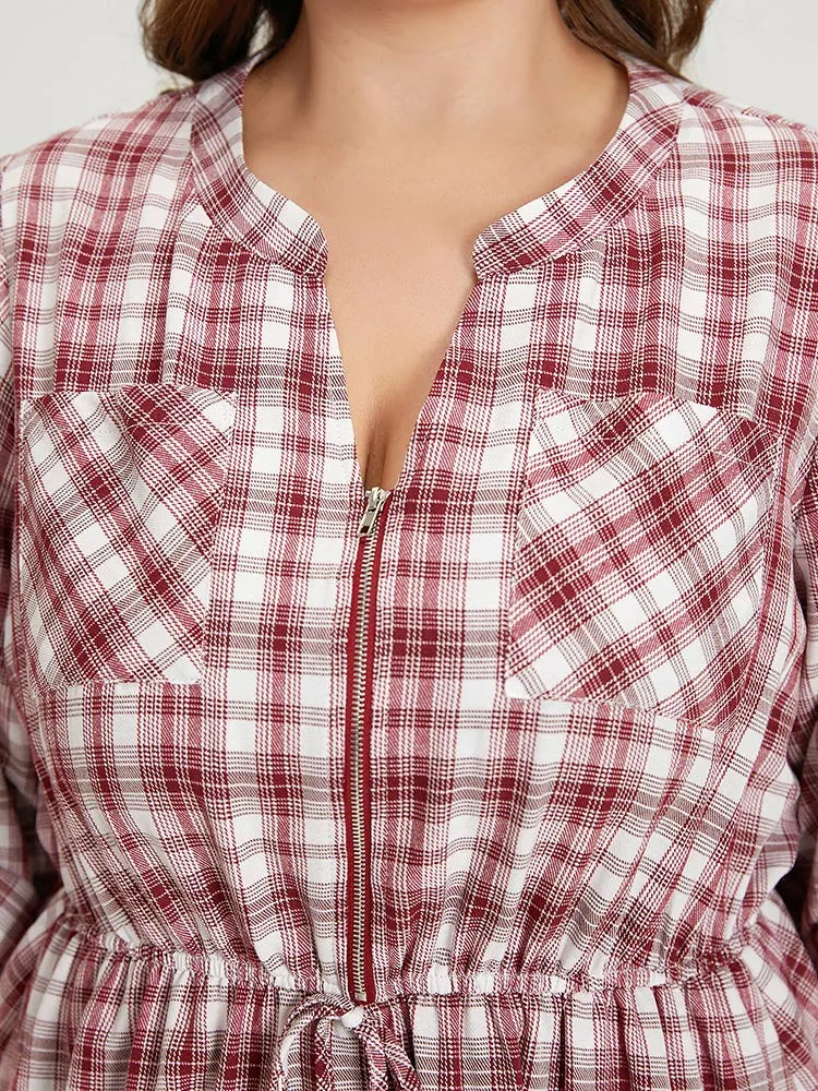 Plaid Drawstring Zipper Notched Tab Sleeve Dress sold by Bloomchic product image thumbnail 5