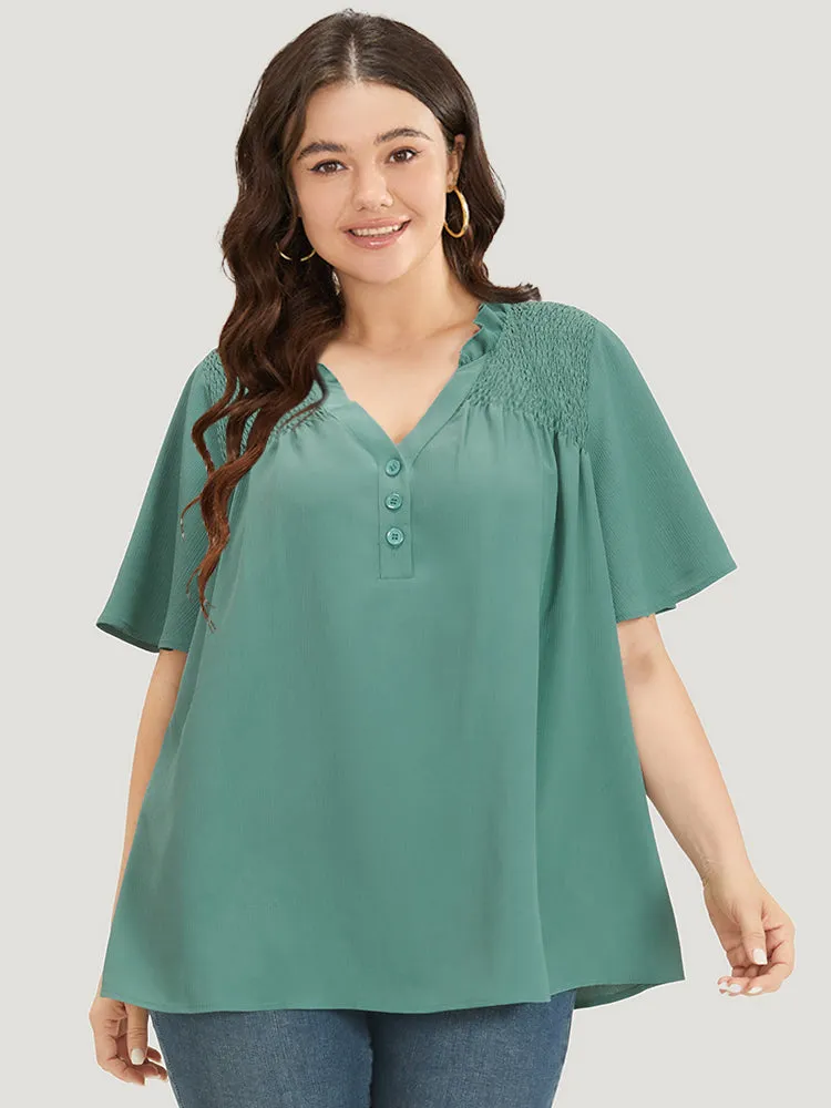 Plain Shirred Button Through Frill Trim Stand Collar Blouse sold by Bloomchic product image thumbnail 3