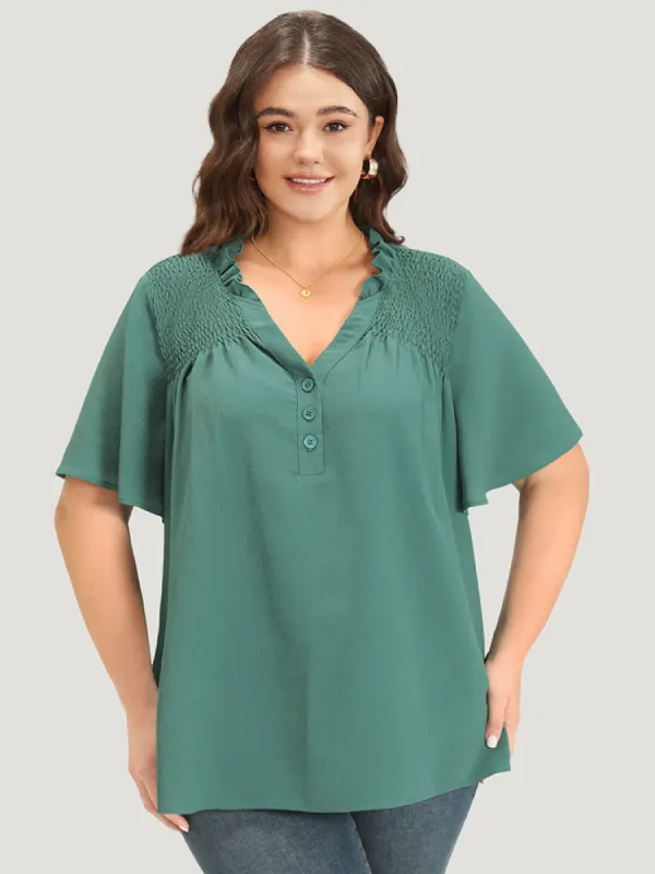 Plain Shirred Button Through Frill Trim Stand Collar Blouse sold by Bloomchic