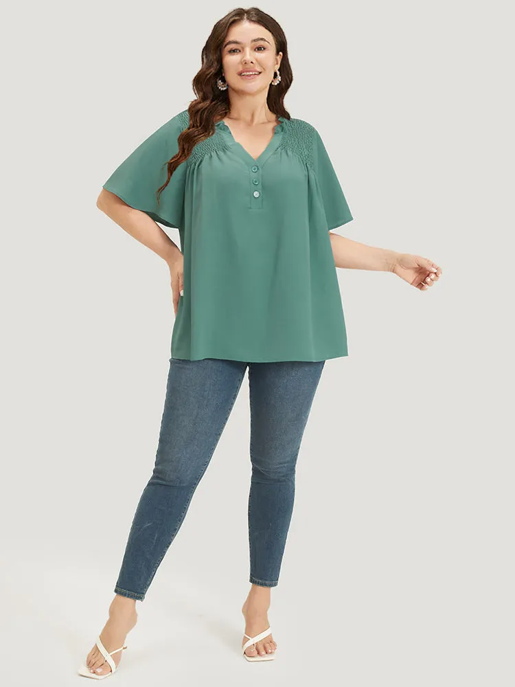 Plain Shirred Button Through Frill Trim Stand Collar Blouse sold by Bloomchic product image thumbnail 5