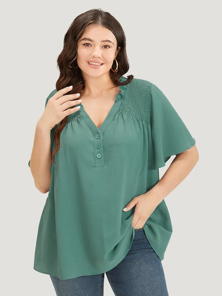 Plain Shirred Button Through Frill Trim Stand Collar Blouse sold by Bloomchic product image thumbnail 2