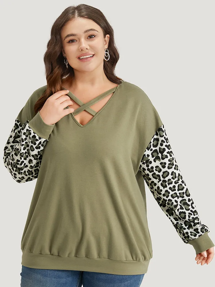 Leopard Patchwork Crisscross Neck Elastic Cuffs Sweatshirt sold by Bloomchic product image thumbnail 5