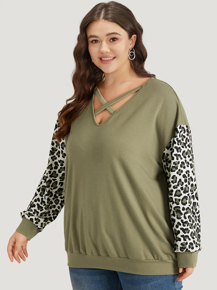 Leopard Patchwork Crisscross Neck Elastic Cuffs Sweatshirt sold by Bloomchic product image thumbnail 3