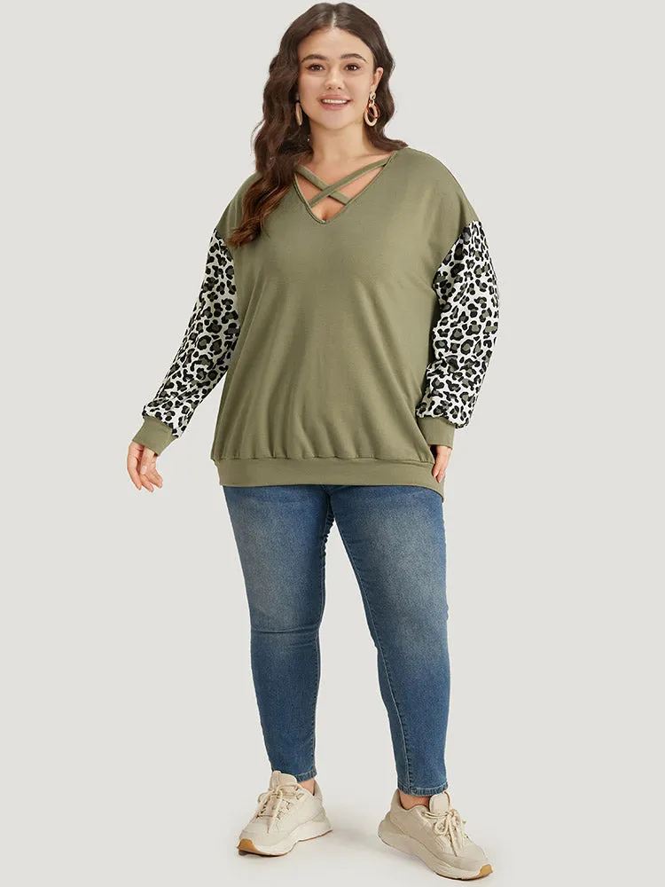 Leopard Patchwork Crisscross Neck Elastic Cuffs Sweatshirt sold by Bloomchic product image thumbnail 4