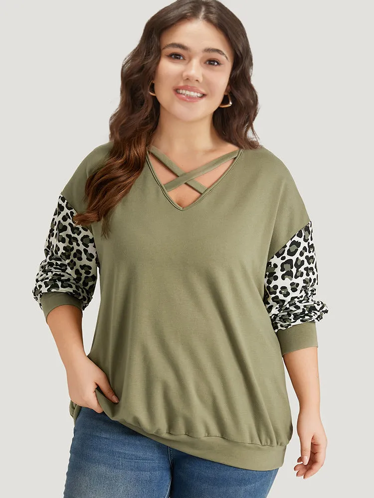 Leopard Patchwork Crisscross Neck Elastic Cuffs Sweatshirt sold by Bloomchic