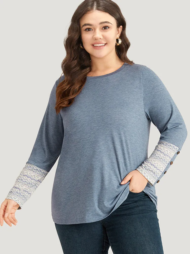 Bandana Print Patchwork Button Detail Crew Neck T-shirt sold by Bloomchic