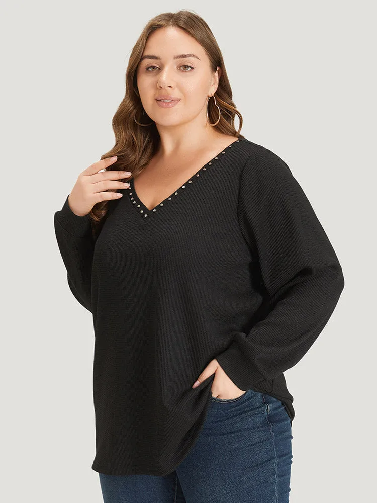 Plain Rivets V Neck Elastic Cuffs Sweatshirt sold by Bloomchic product image thumbnail 3