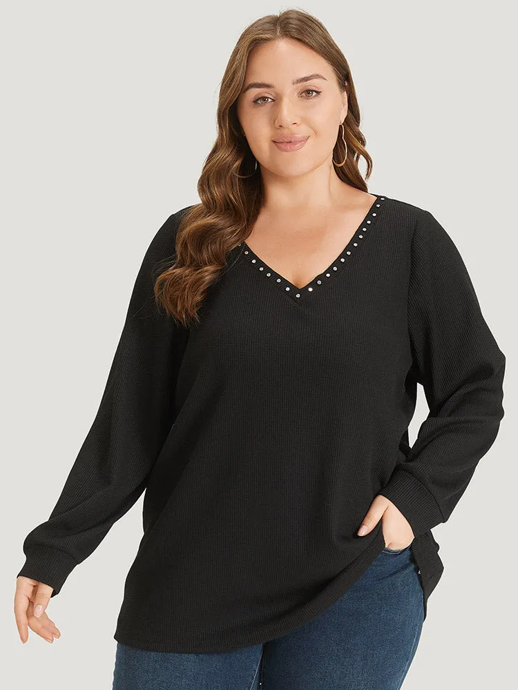Plain Rivets V Neck Elastic Cuffs Sweatshirt sold by Bloomchic
