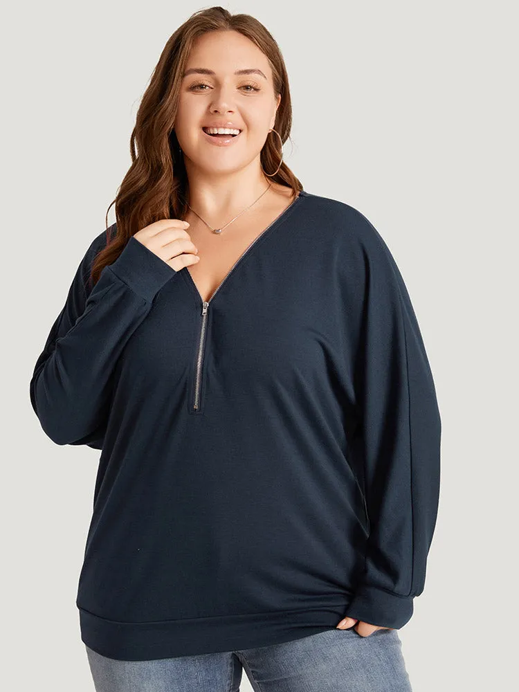 Plain Zipper Half Elastic Cuffs Batwing Sleeve Sweatshirt sold by Bloomchic product image thumbnail 4