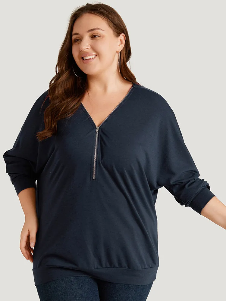 Plain Zipper Half Elastic Cuffs Batwing Sleeve Sweatshirt sold by Bloomchic