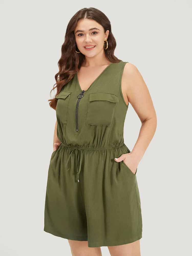 Plain V Neck Drawstring Pocket Zipper Jumpsuit sold by Bloomchic