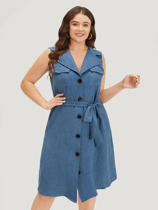 Suit Collar Belted Pocket Button Through Sleeveless Dress sold by Bloomchic