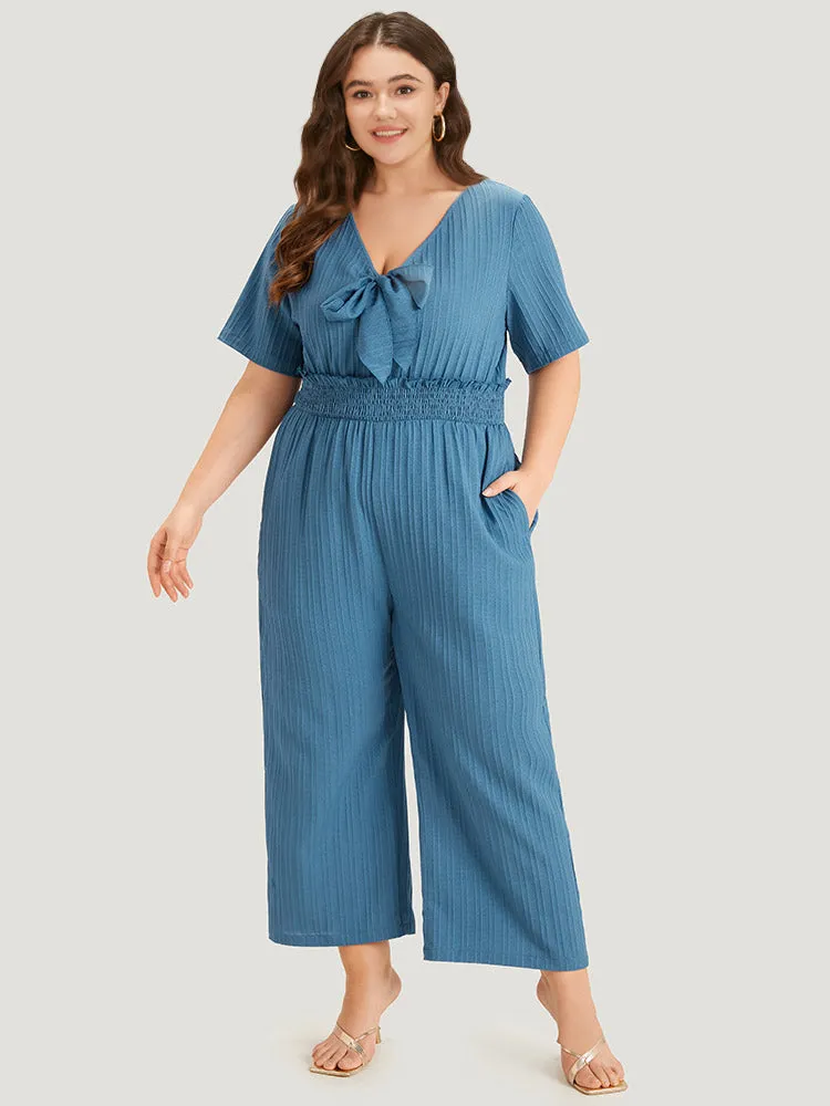 Textured Bowknot V Neck Shirred Pocket Jumpsuit sold by Bloomchic product image thumbnail 5