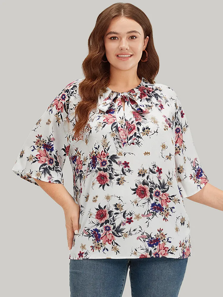 Floral Print Knot Neck Half Sleeve Blouse sold by Bloomchic