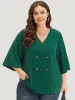 Plain Double Breasted Surplice Neck Flounce Sleeve Blouse sold by Bloomchic