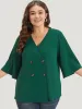 Plain Double Breasted Surplice Neck Flounce Sleeve Blouse sold by Bloomchic