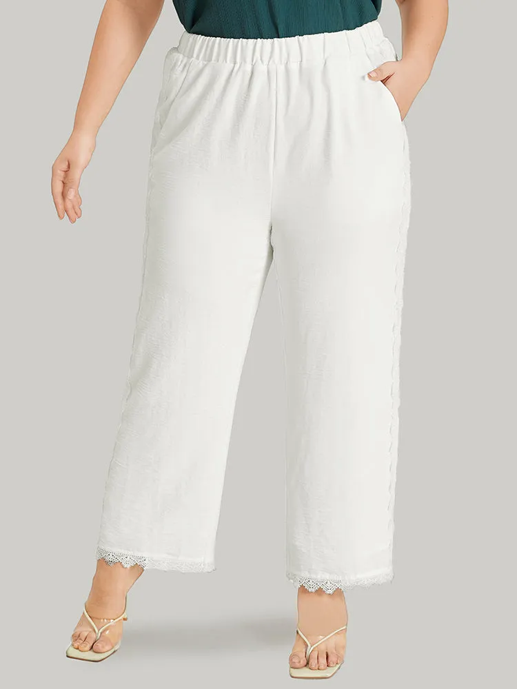 Solid Pocket Lace Patchwork Elastic Waist Pants sold by Bloomchic