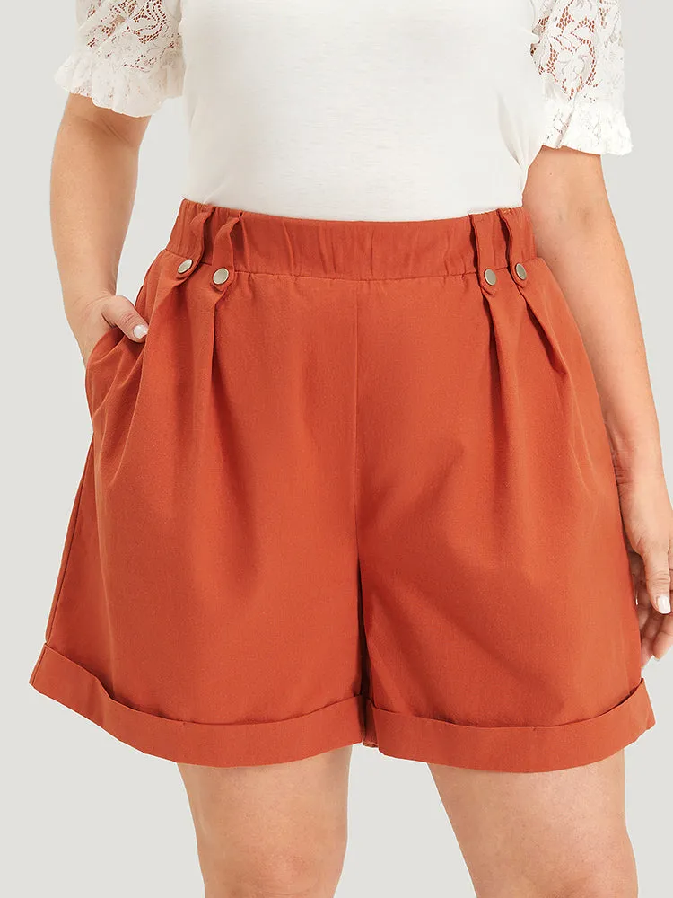 Solid Pocket Pleated Roll Hem Button Detail Shorts sold by Bloomchic