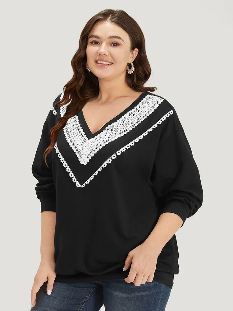 Lace Insert V Neck Elastic Cuffs Sweatshirt sold by Bloomchic product image thumbnail 4