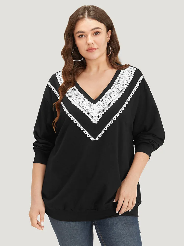 Lace Insert V Neck Elastic Cuffs Sweatshirt sold by Bloomchic