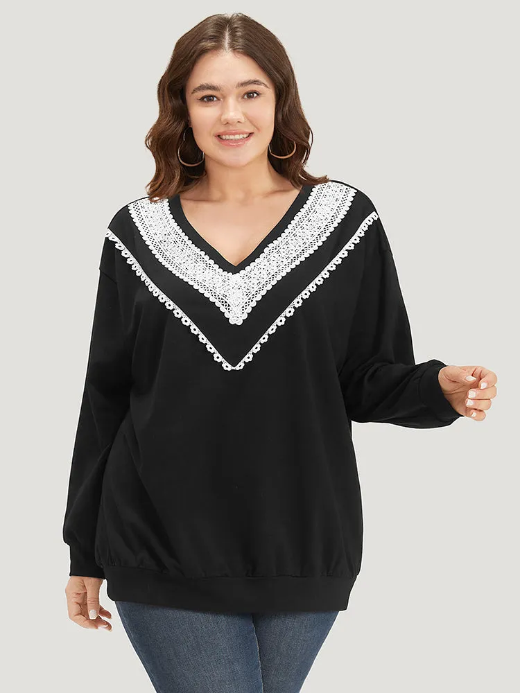 Lace Insert V Neck Elastic Cuffs Sweatshirt sold by Bloomchic product image thumbnail 2