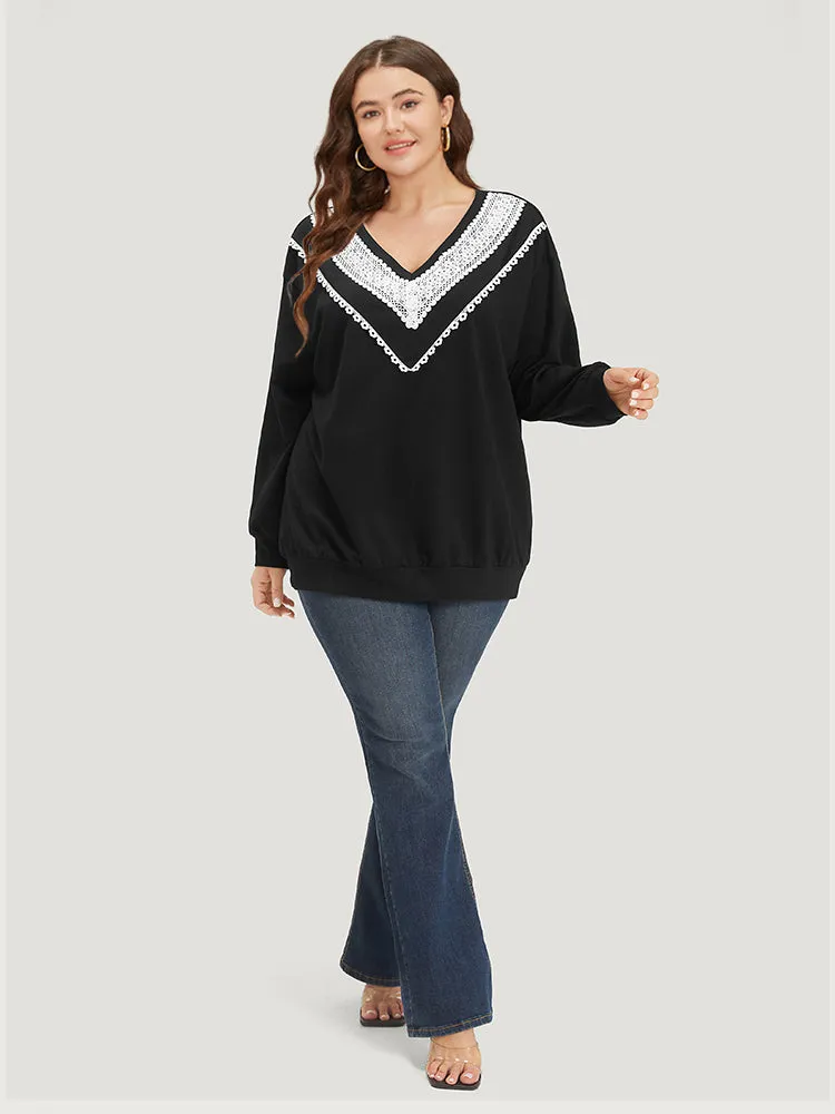 Lace Insert V Neck Elastic Cuffs Sweatshirt sold by Bloomchic product image thumbnail 3