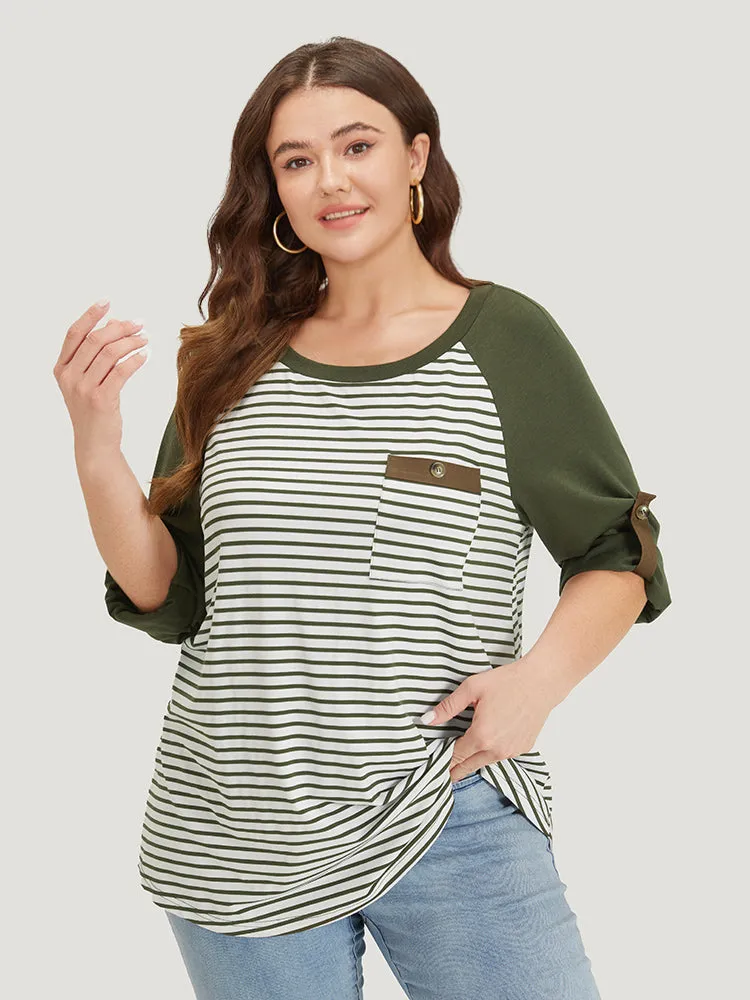 Striped Patchwork Patched Pocket Raglan Sleeve T-shirt sold by Bloomchic