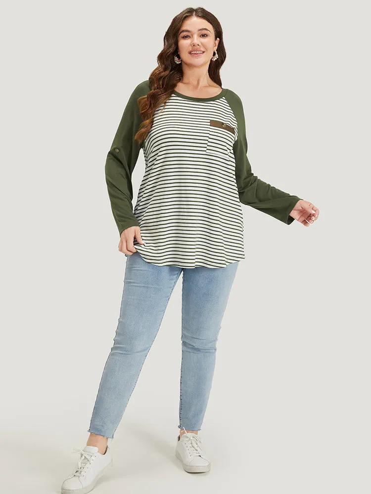 Striped Patchwork Patched Pocket Raglan Sleeve T-shirt sold by Bloomchic product image thumbnail 4