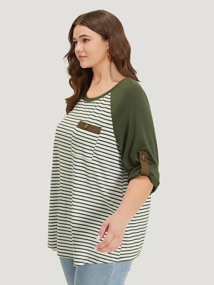 Striped Patchwork Patched Pocket Raglan Sleeve T-shirt sold by Bloomchic product image thumbnail 5