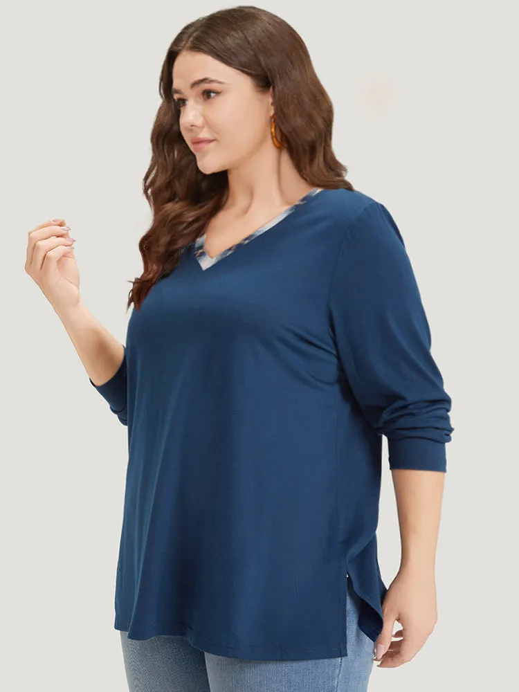 Plaid Patchwork V Neck Split Side T-shirt sold by Bloomchic product image thumbnail 5