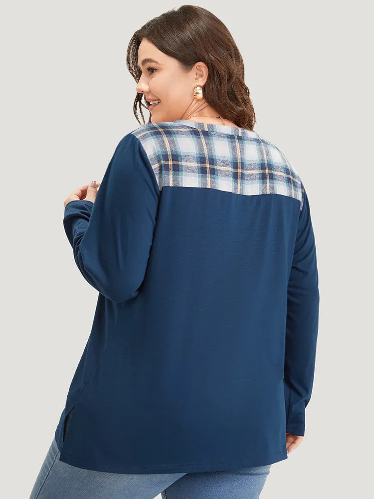 Plaid Patchwork V Neck Split Side T-shirt sold by Bloomchic product image thumbnail 2