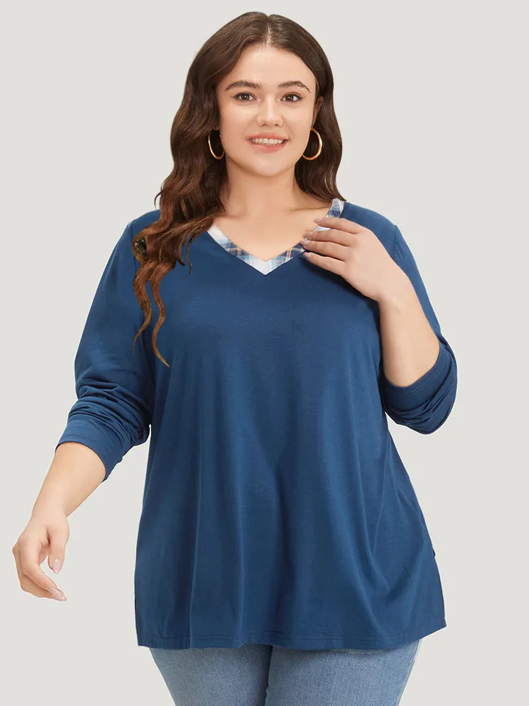 Plaid Patchwork V Neck Split Side T-shirt sold by Bloomchic product image thumbnail 3