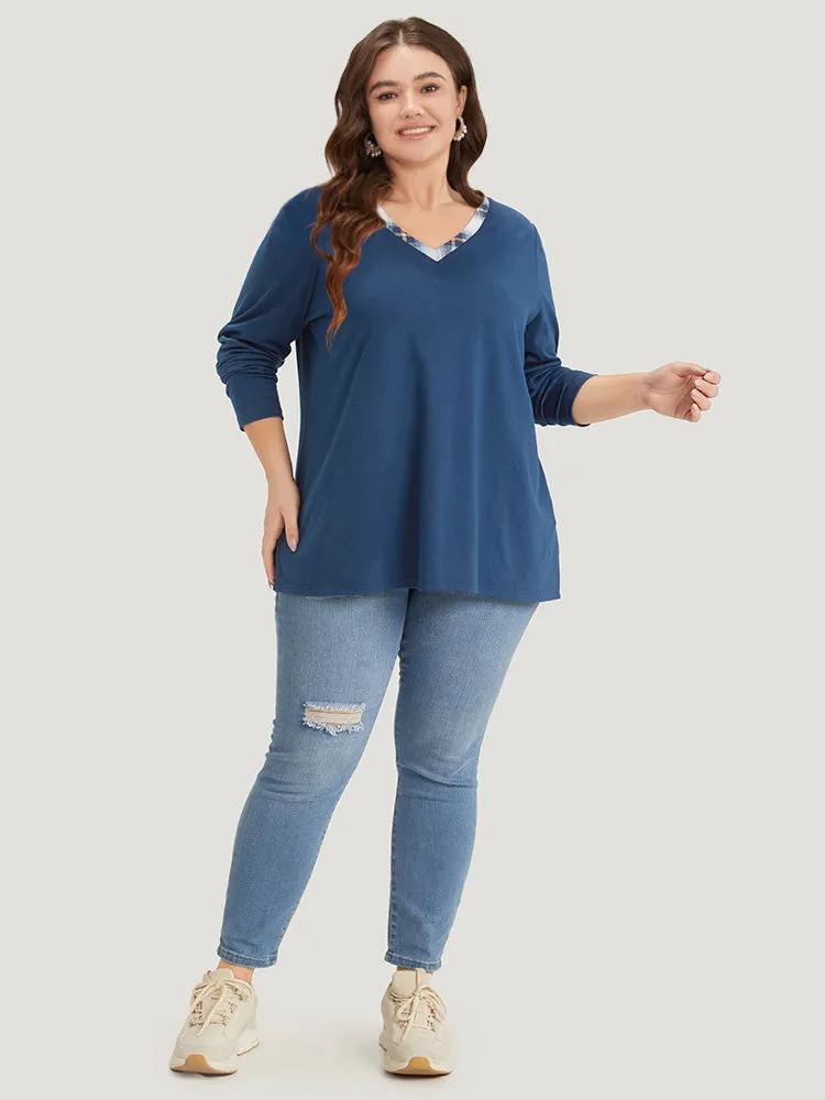 Plaid Patchwork V Neck Split Side T-shirt sold by Bloomchic product image thumbnail 4