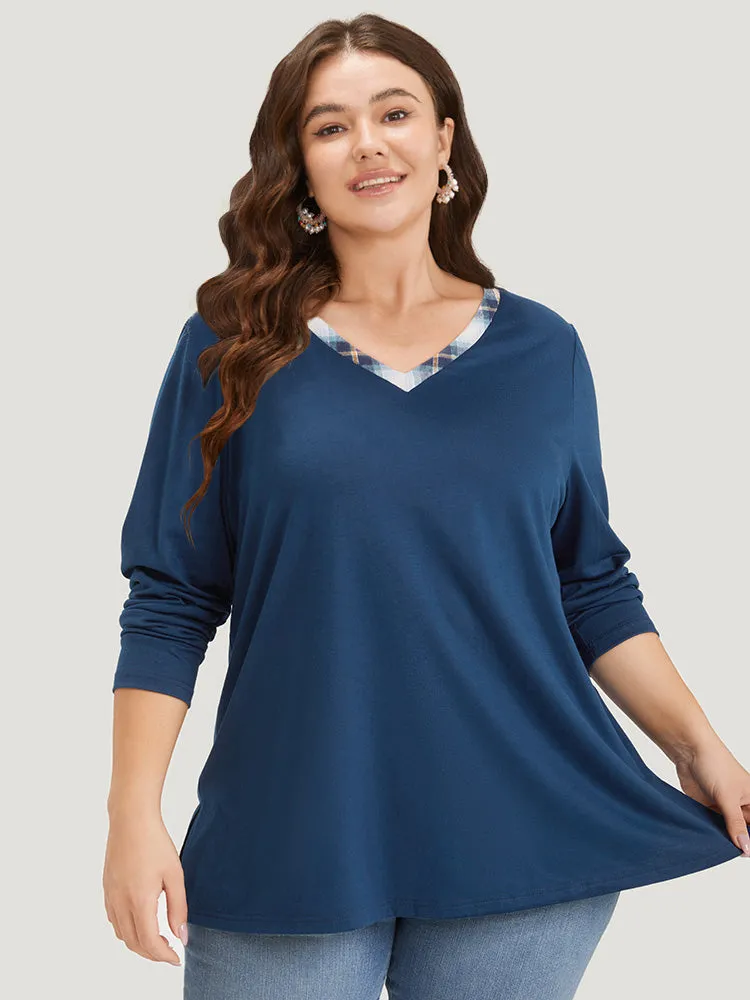 Plaid Patchwork V Neck Split Side T-shirt sold by Bloomchic