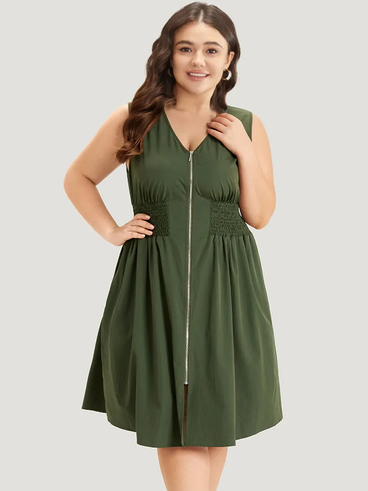 Plain Zipper Fly Shirred Split Hem Tank Dress sold by Bloomchic