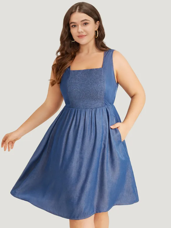 Plain Shirred Square Neck Pocket Knee Dress sold by Bloomchic