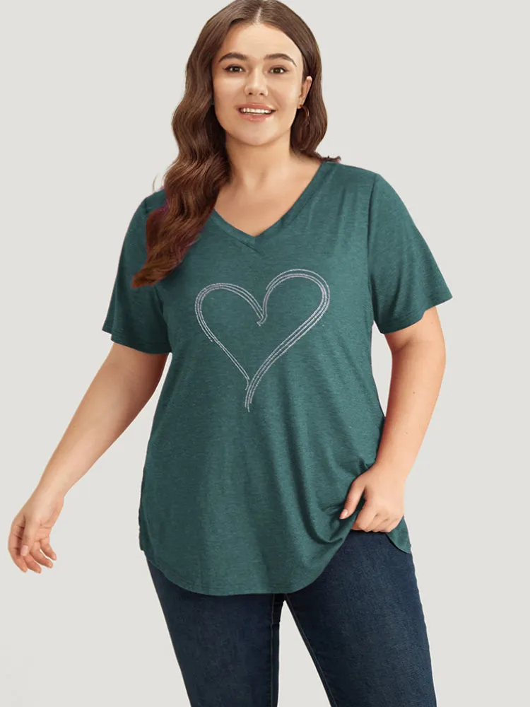 Solid Heart Rhinestone V Neck T-shirt sold by Bloomchic