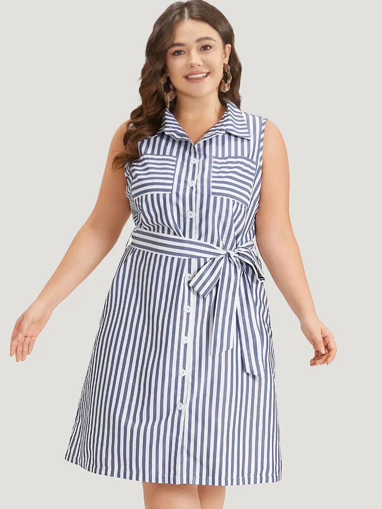 Striped Shirt Collar Button Through Belted Sleeveless Dress sold by Bloomchic product image thumbnail 4