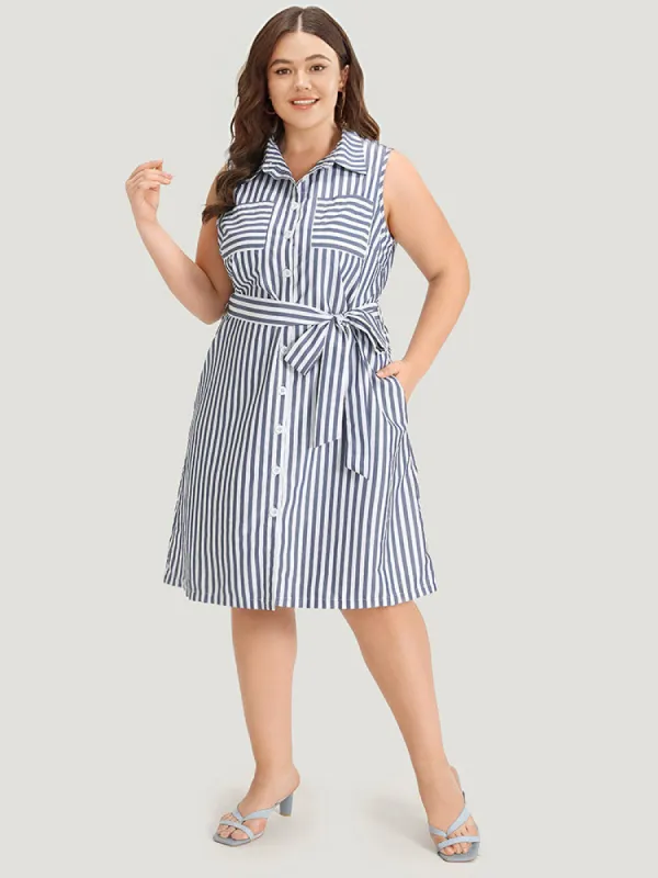 Striped Shirt Collar Button Through Belted Sleeveless Dress sold by Bloomchic